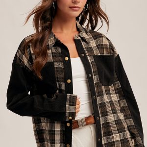 Corduroy Plaid Shacket: Black & Beige Cotton Flannel