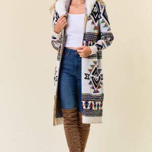 Rainbow Aztec Print Zipup Cardigan: Faux Fur Lined