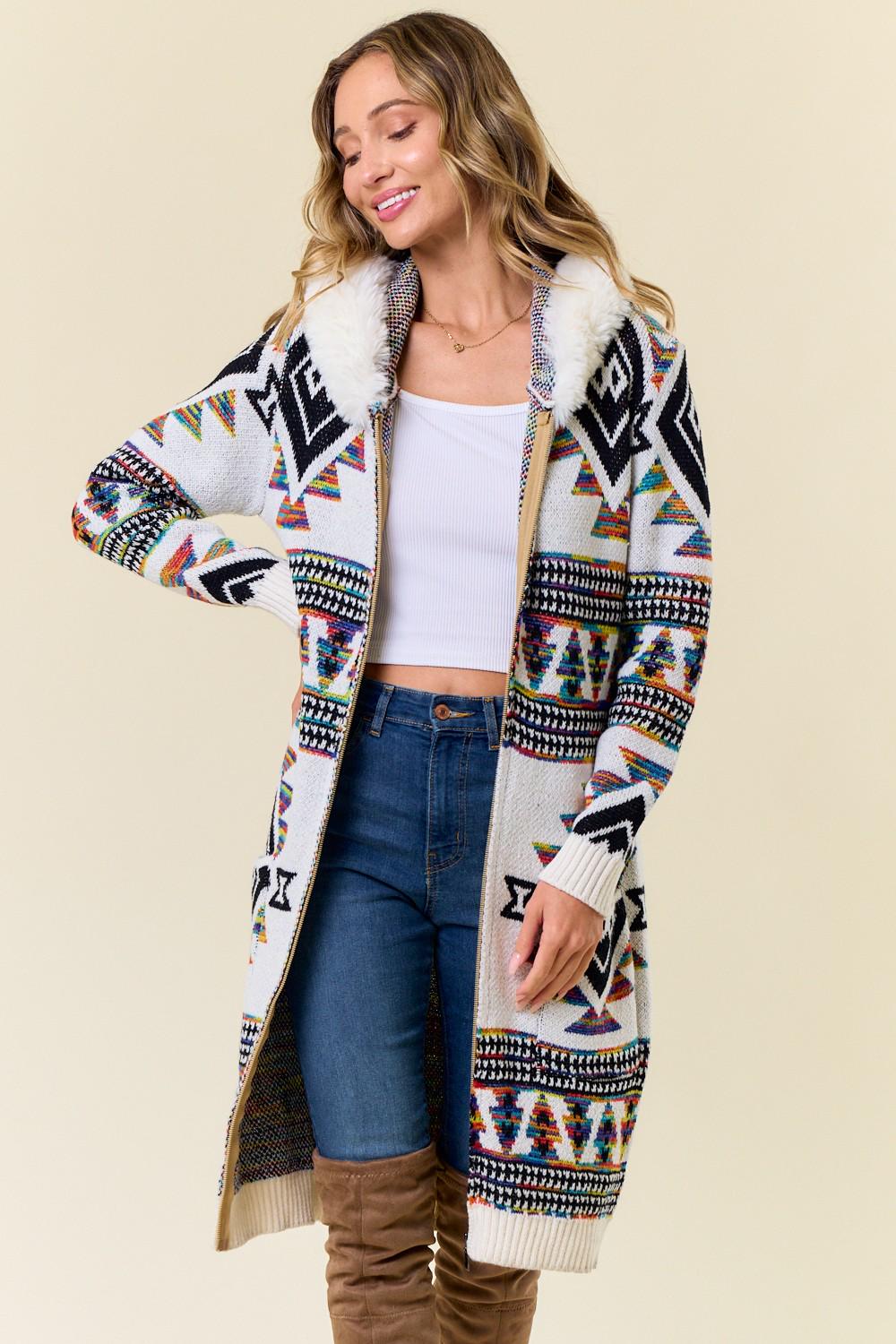 Rainbow Aztec Print Zipup Cardigan: Faux Fur Lined