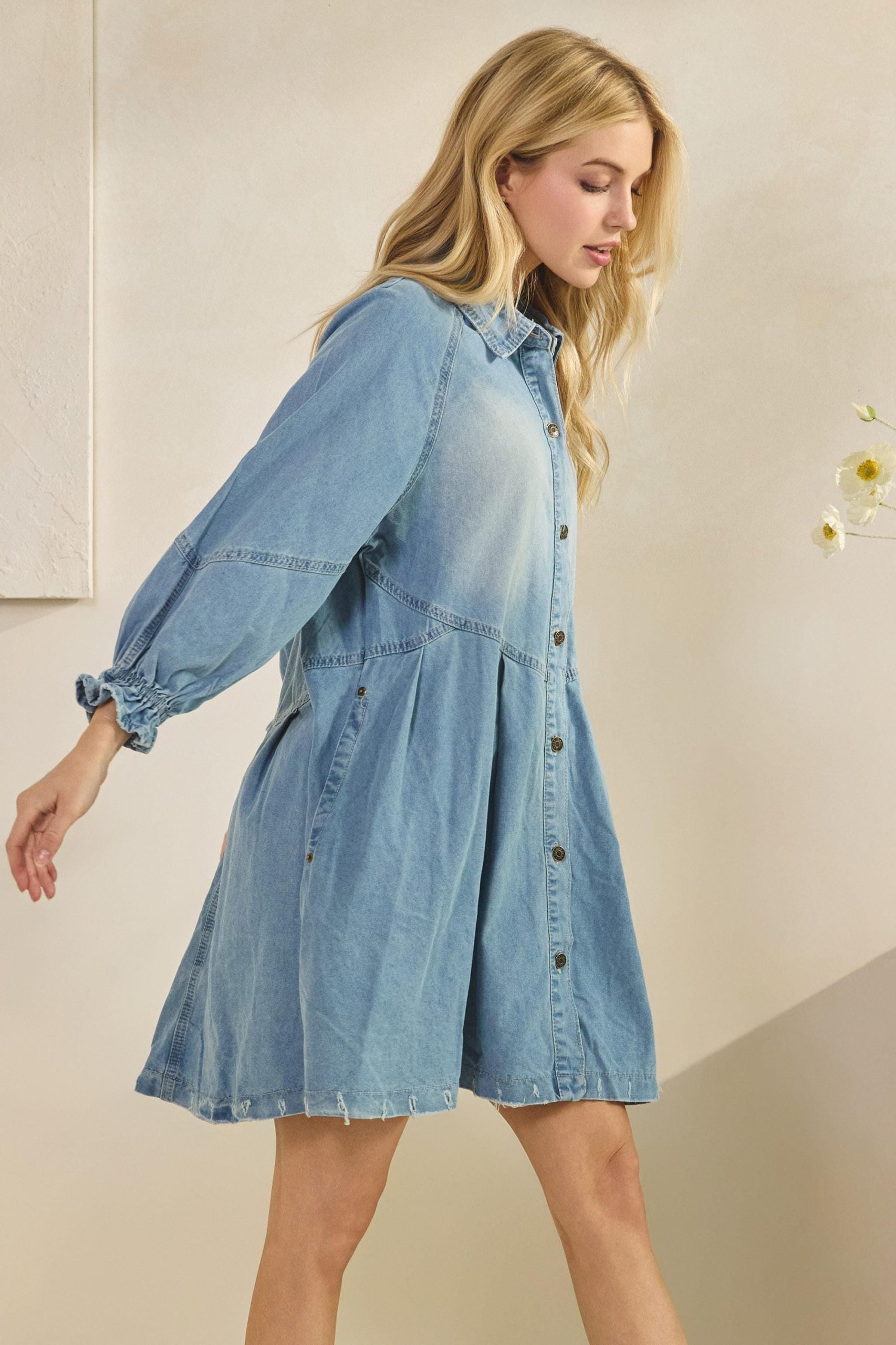 Denim Shirt Style Mini Dress: Light Wash Aline