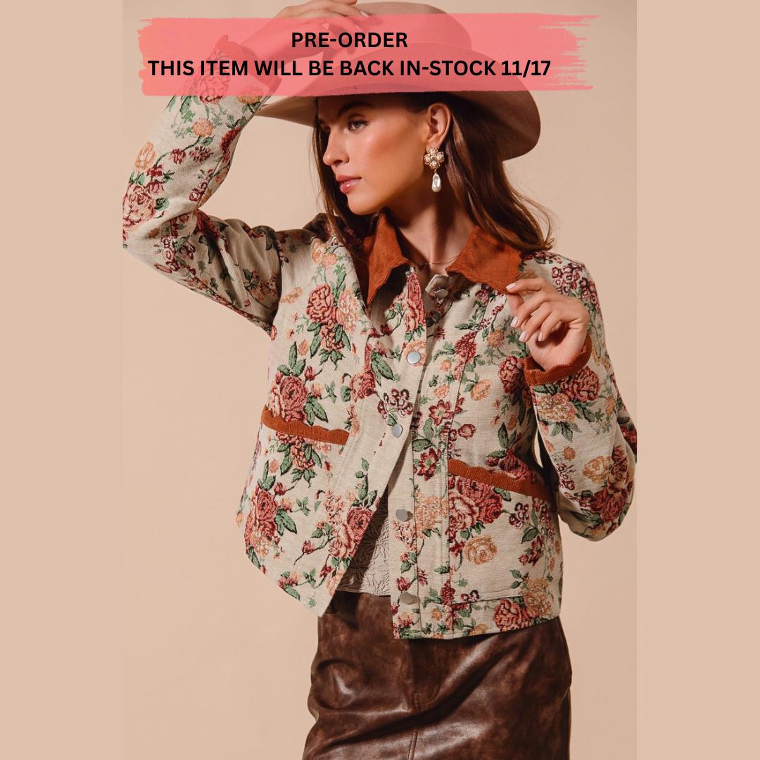 Floral Tapestry Jacket: Western Suede Trim Cottagecore Fall