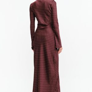 Georgie Burgundy Dot Satin Maxi Dress Long Sleeve