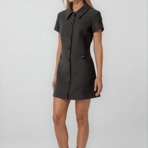 Black Velvet Buttoncollar Mini Dress Elegant Modern Style