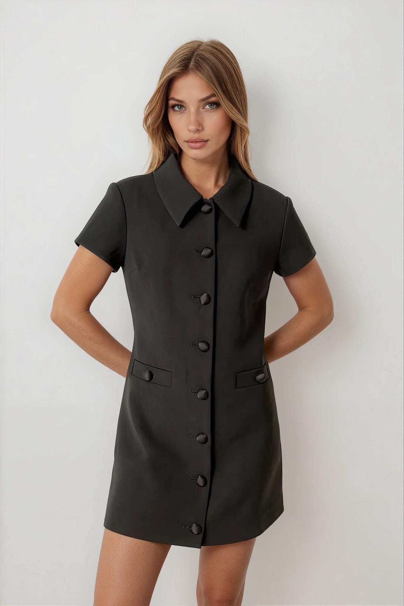 Black Velvet Buttoncollar Mini Dress Elegant Modern Style